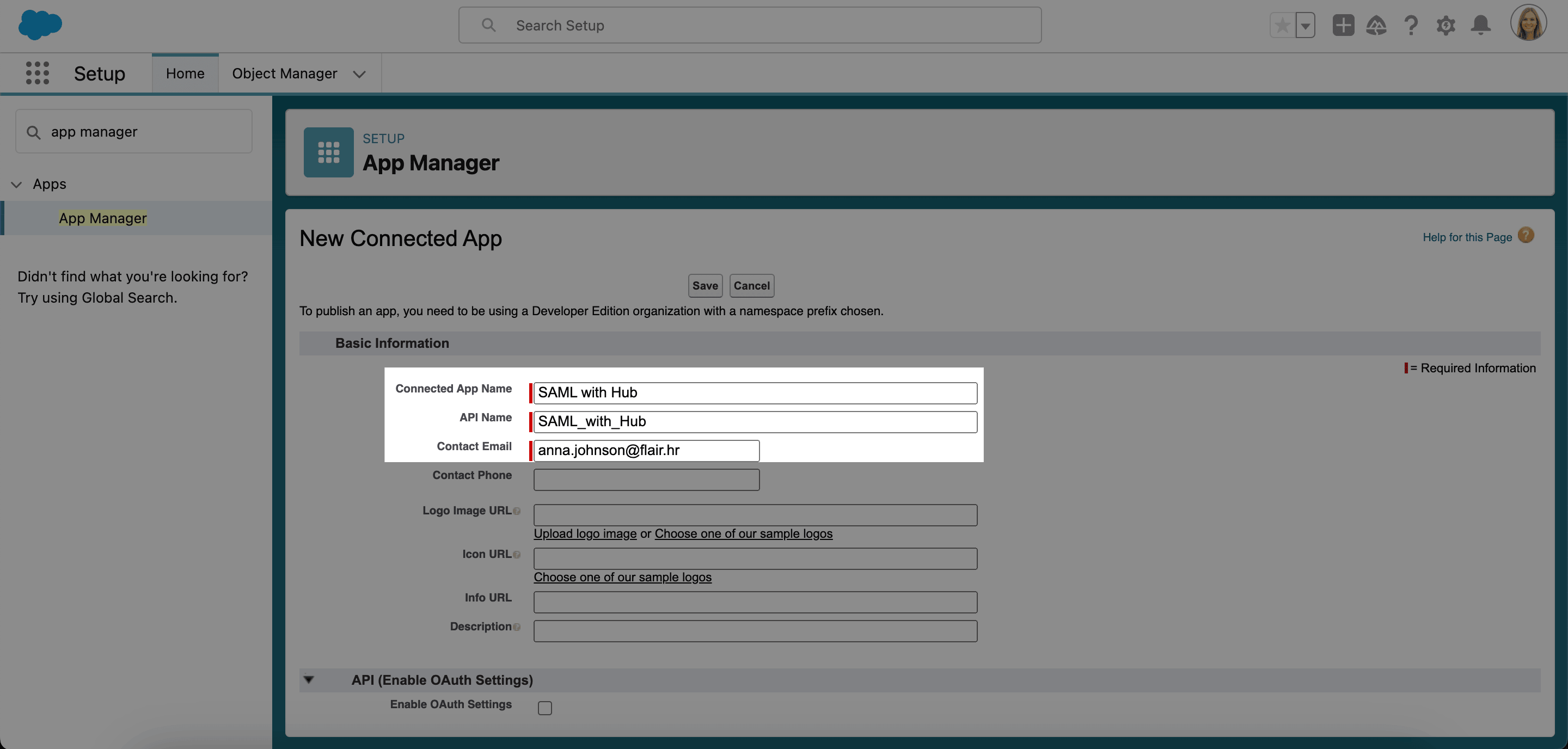 Connected app name and contact email fields