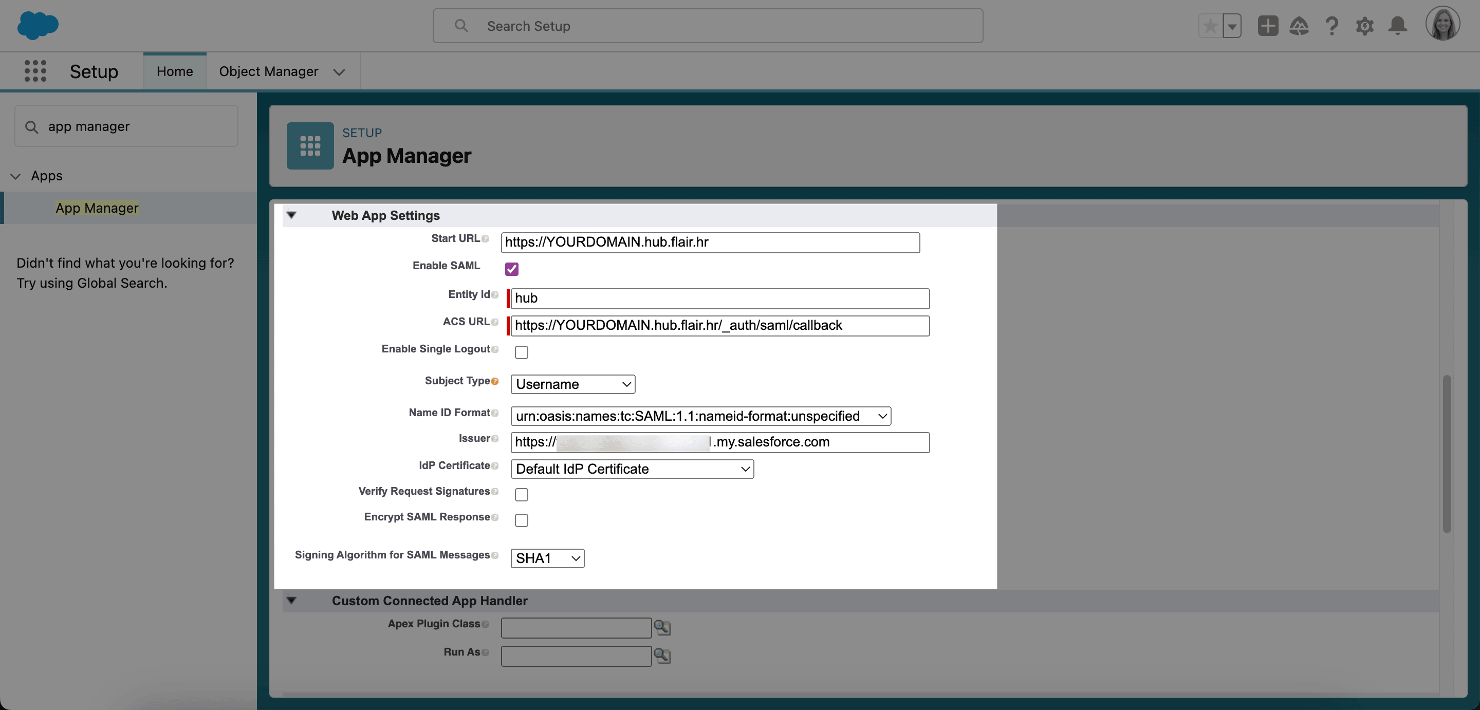Completed SAML settings for the Salesforce connected app