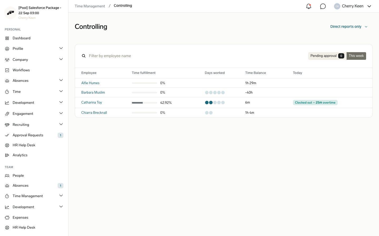 The This week tab of Controlling, with a Time Balance column showing each team member's balance so far