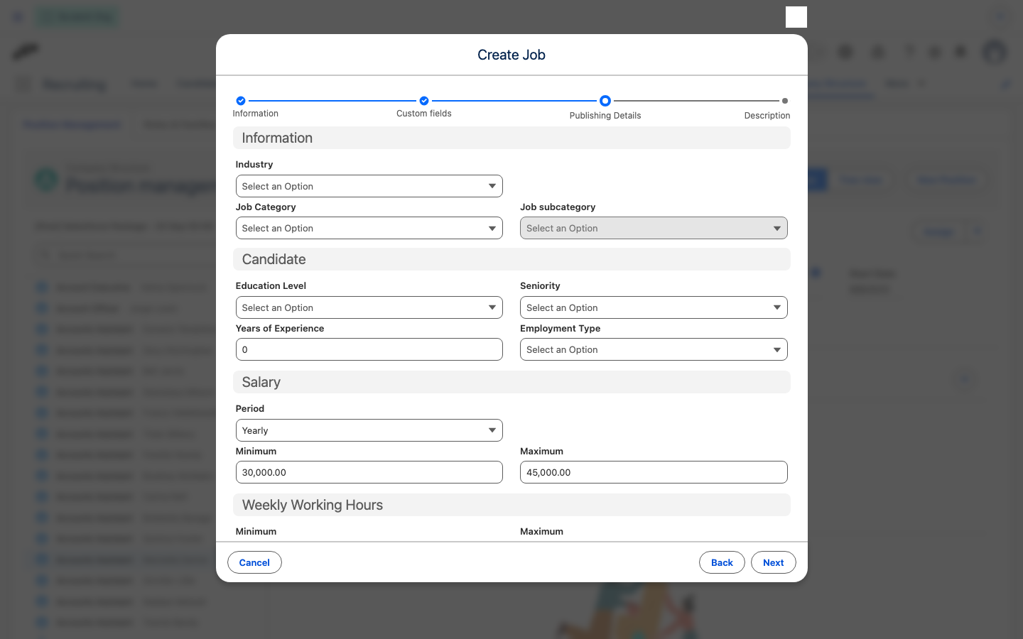 The Create Job wizard on the Publishing Details step, with the salary range prefilled from the position's pay band