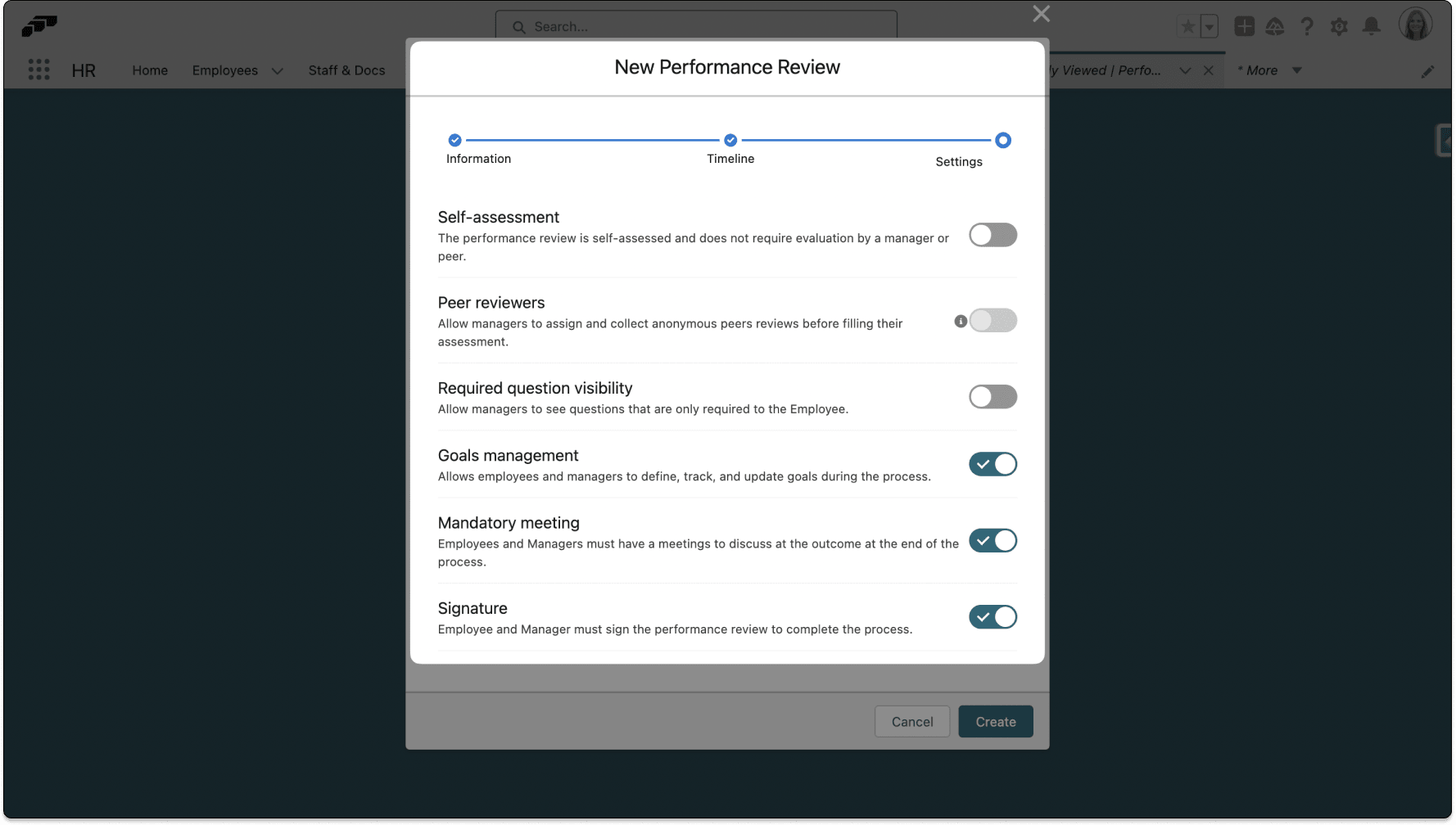 Settings for a new Performance Review