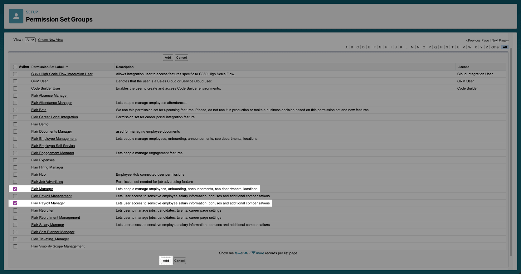 Permission sets selected for a permission set group