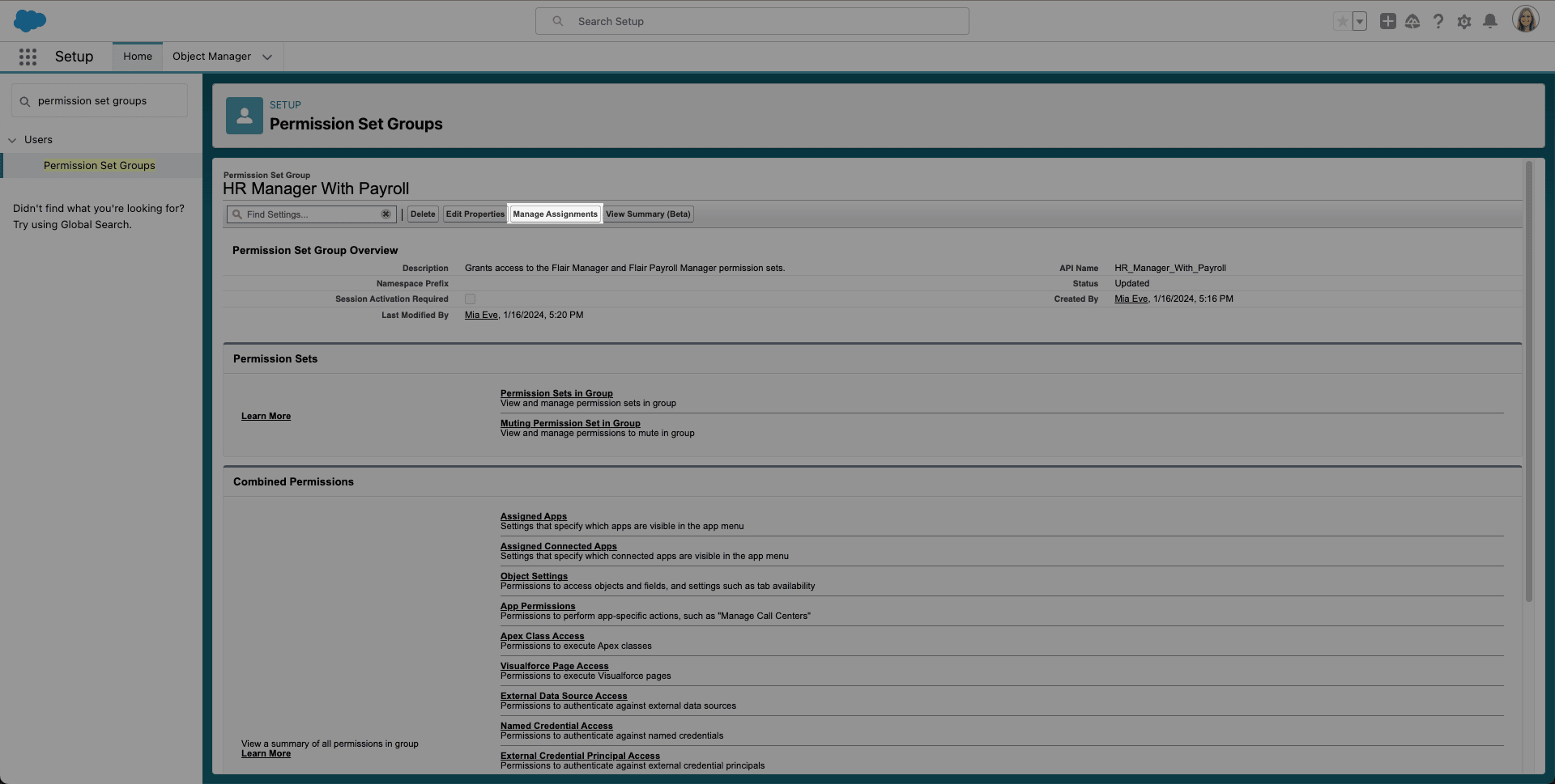 Manage Assignments action for a permission set group