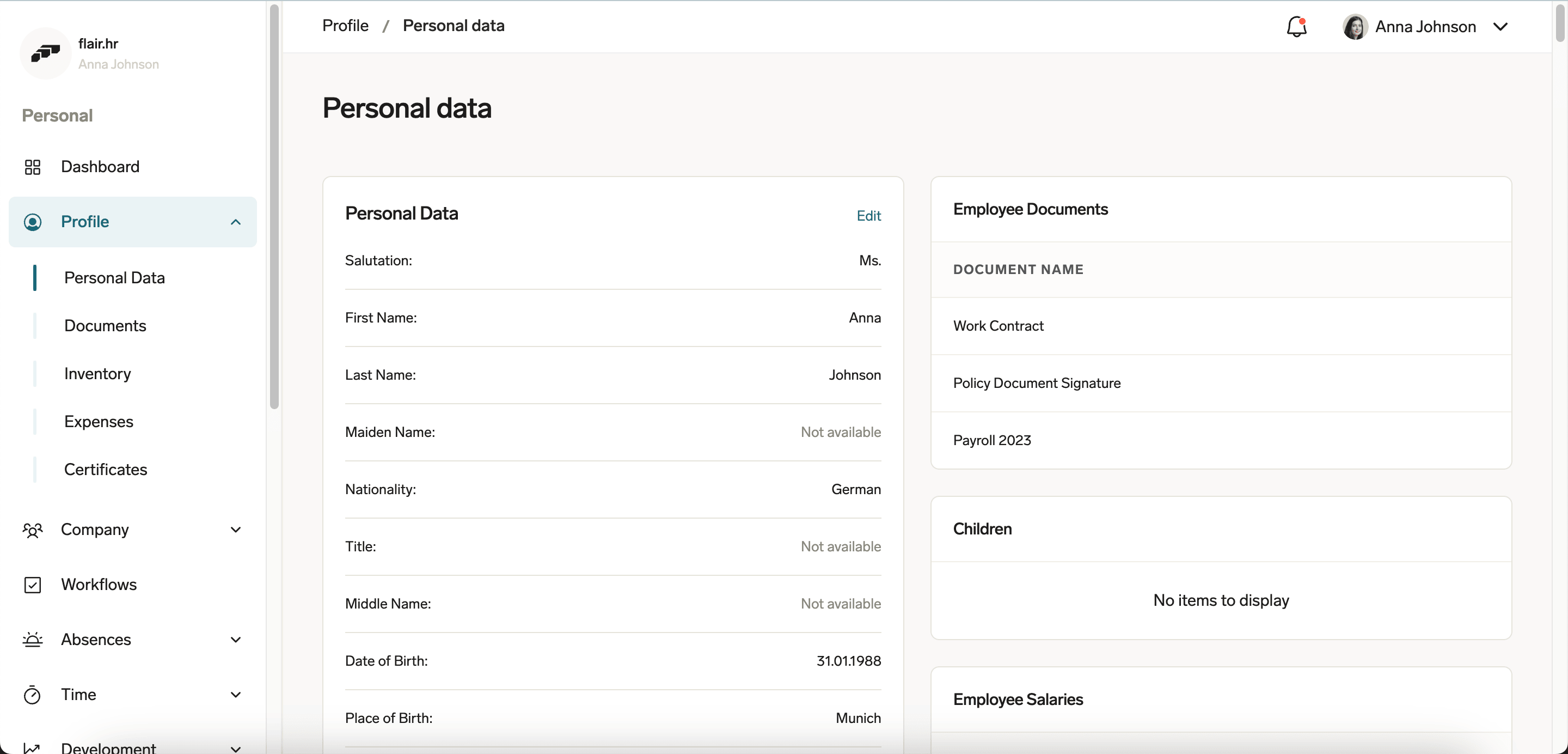 Employee Personal Data view in the Employee Hub