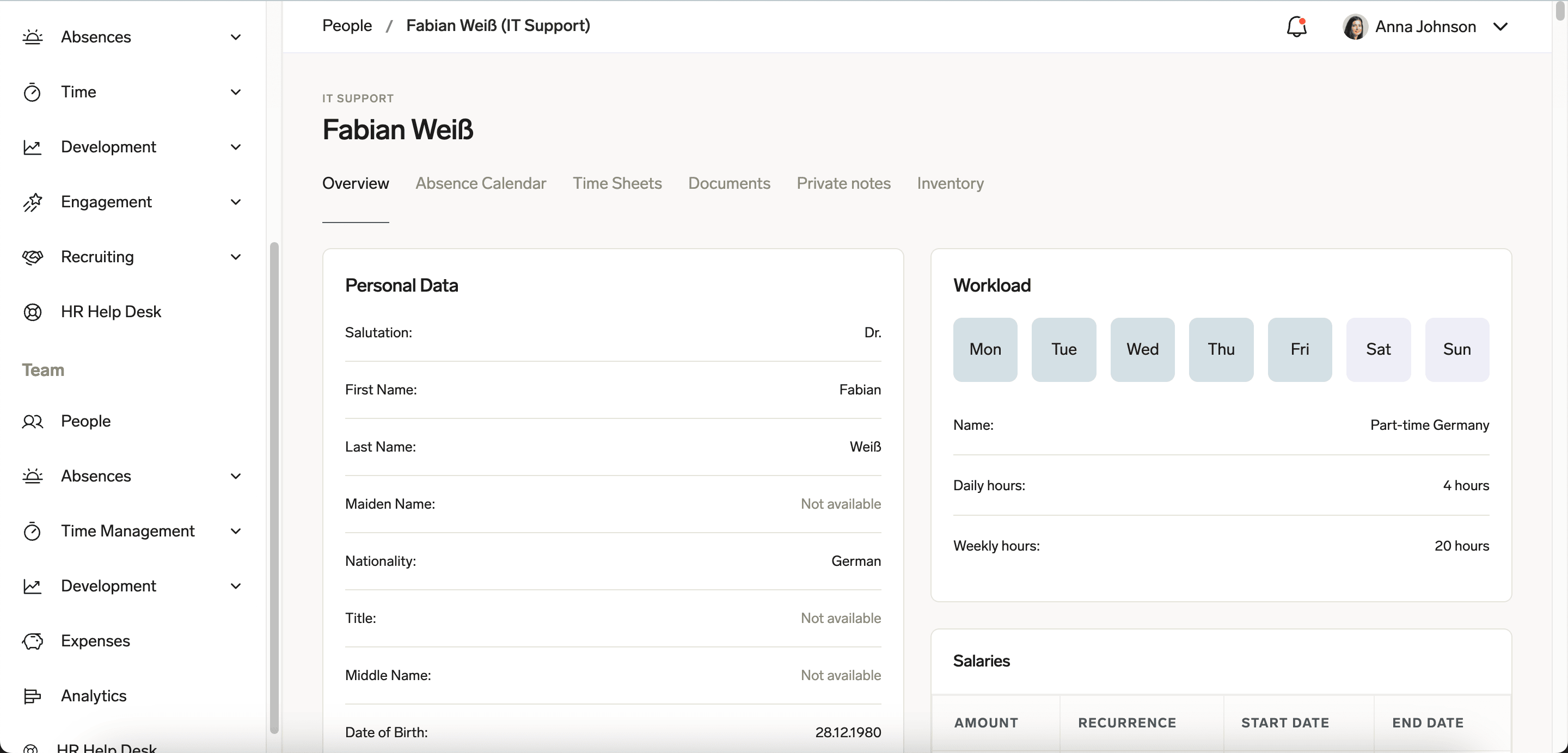 Manager view of an employee's personal details