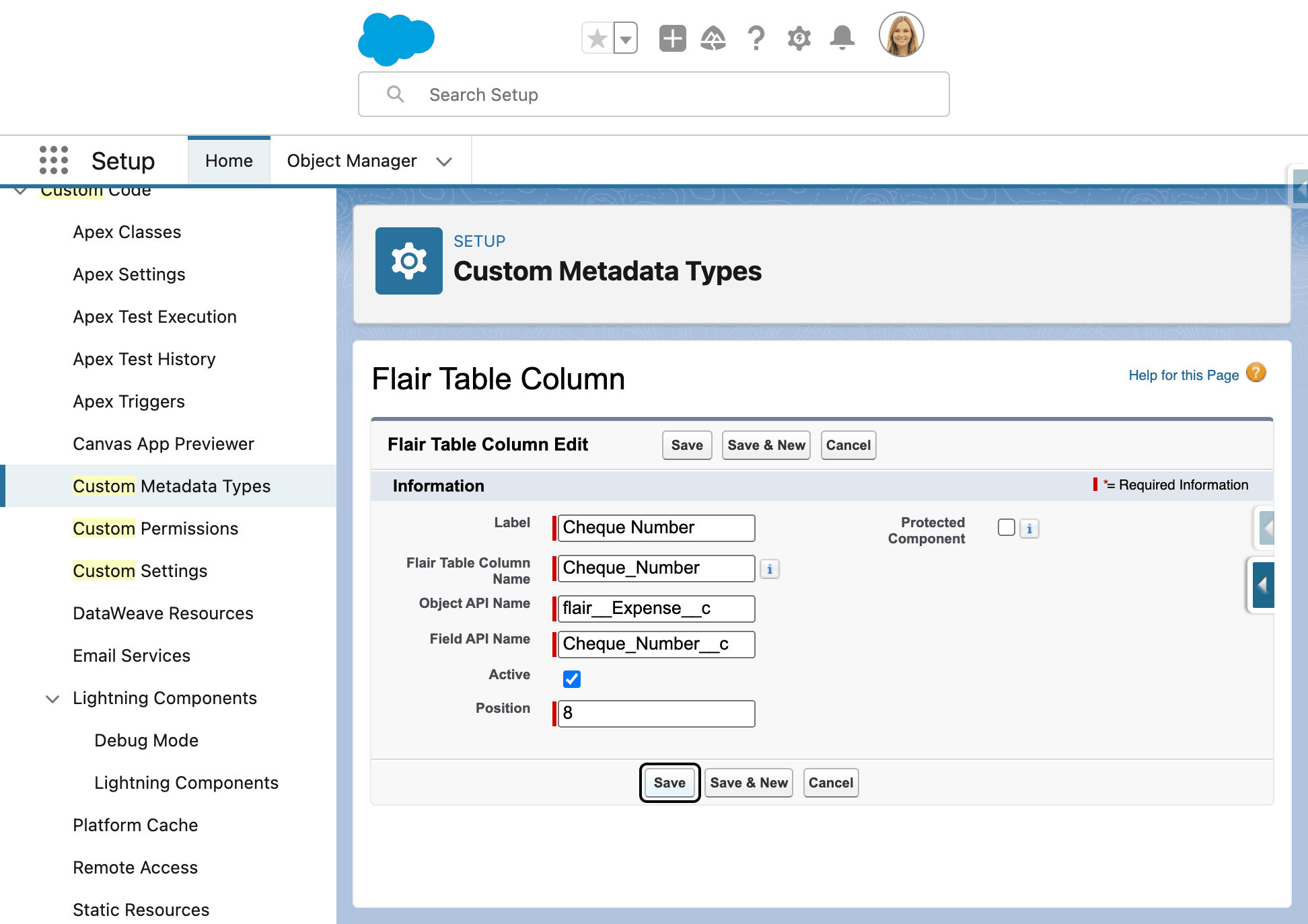 Position and Active settings for an expense table column
