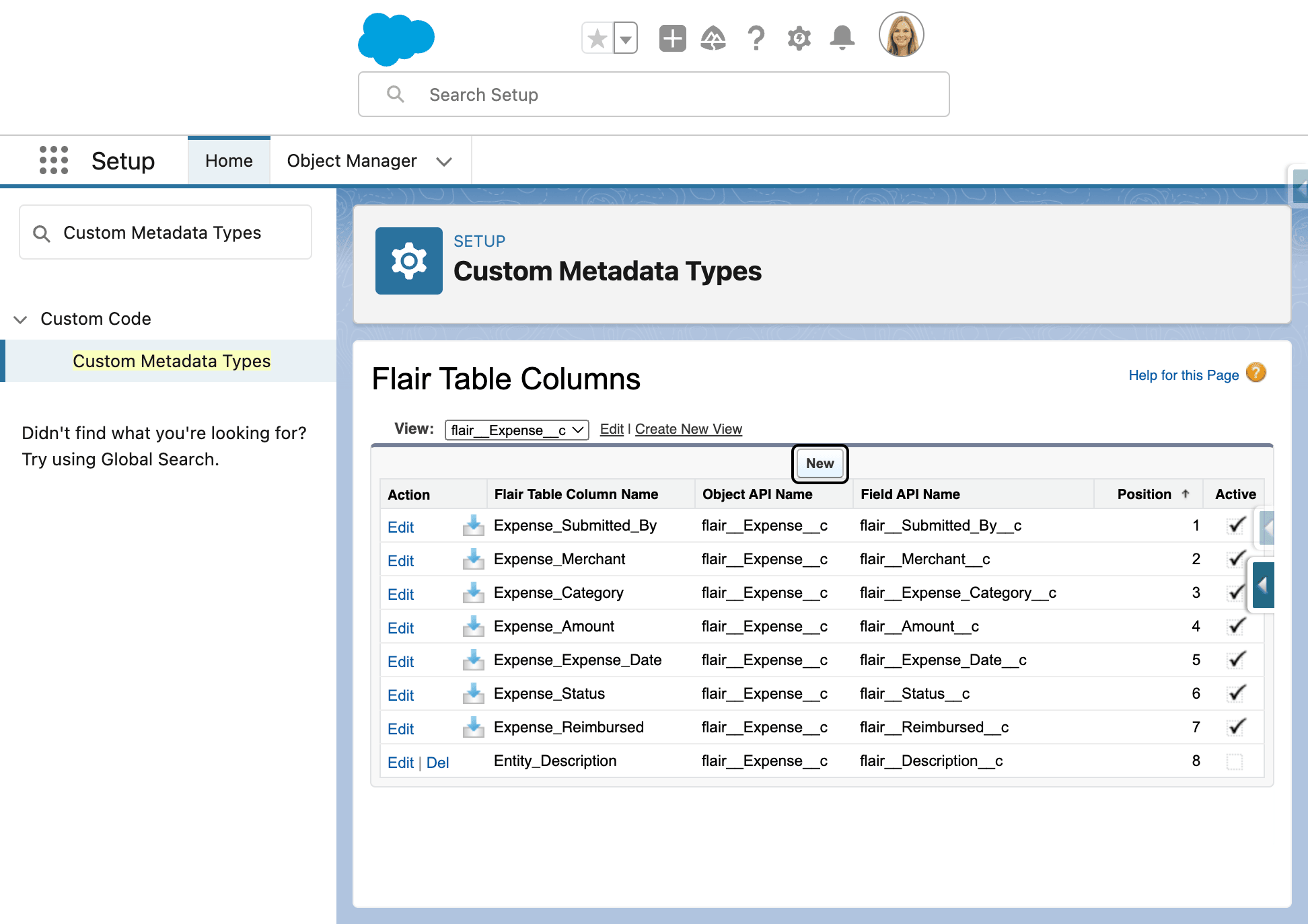 New Flair Table Column custom metadata record