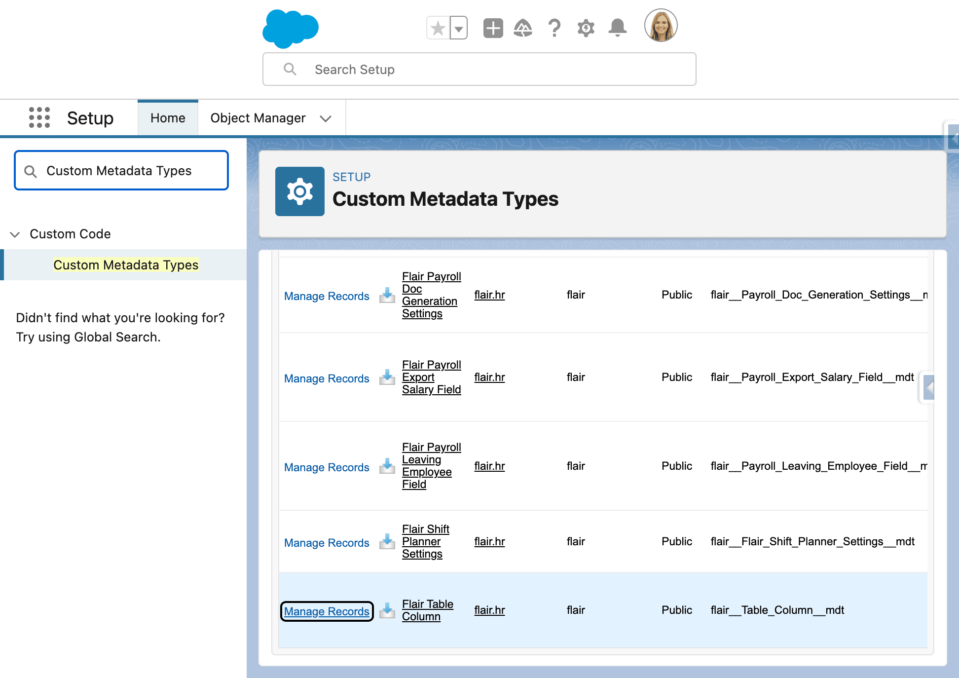 Manage Records action for Flair Table Column custom metadata