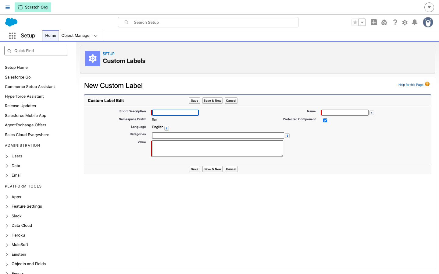 The New Custom Label form in Salesforce Setup with Name and Value fields for a translatable Employee Hub layout section