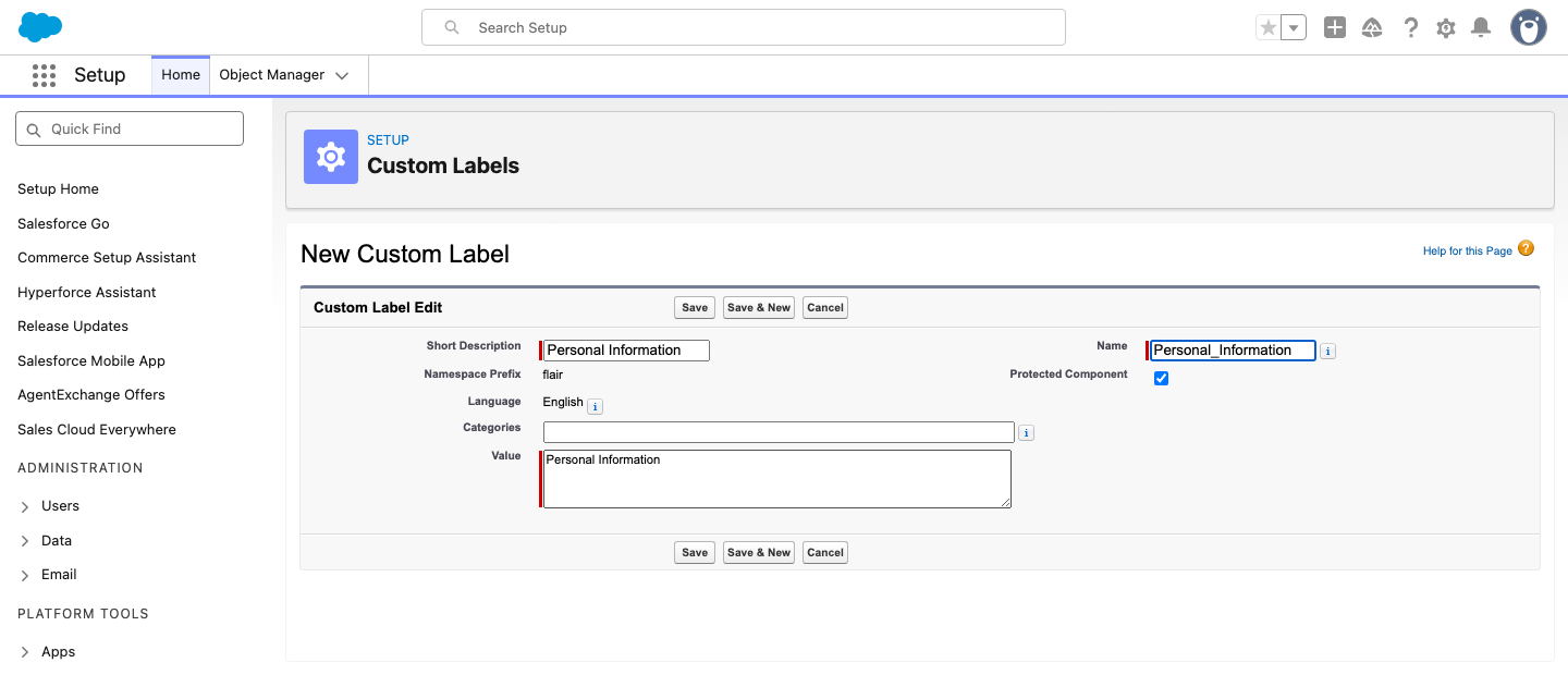 The New Custom Label form in Salesforce Setup with Name and Value fields for a translatable Employee Hub layout section