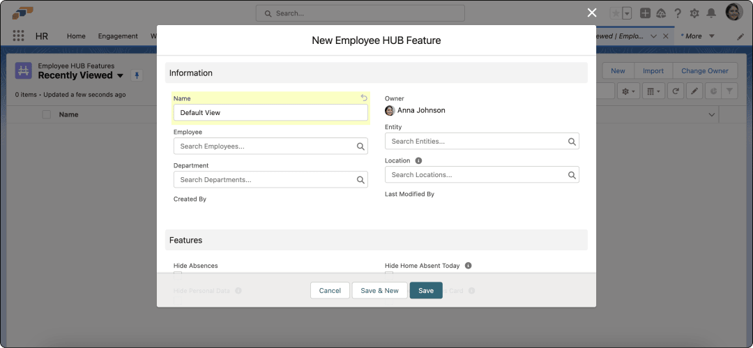 New Employee Hub feature-menu view