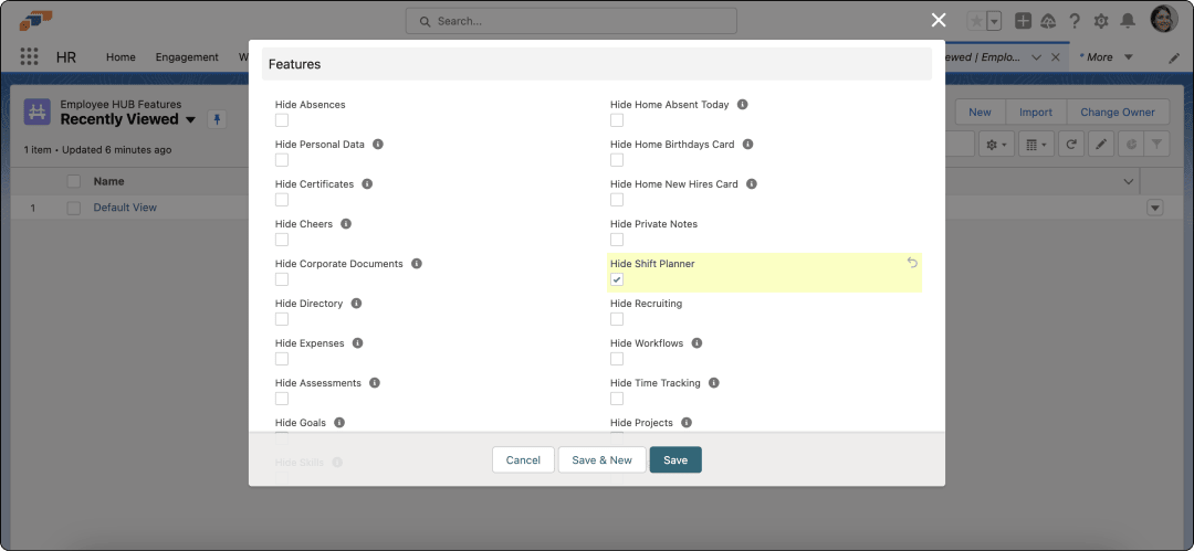 Feature visibility controls for the Employee Hub menu