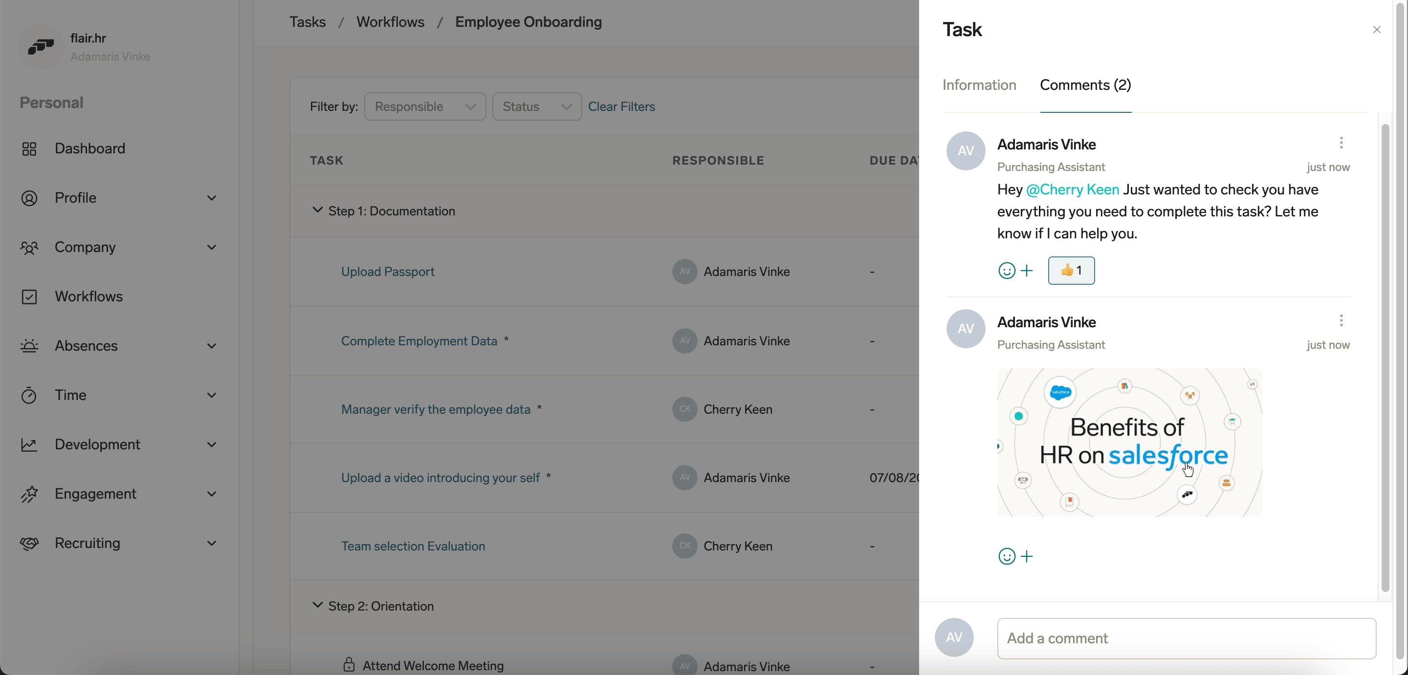 Comments on a workflow in the Employee Hub