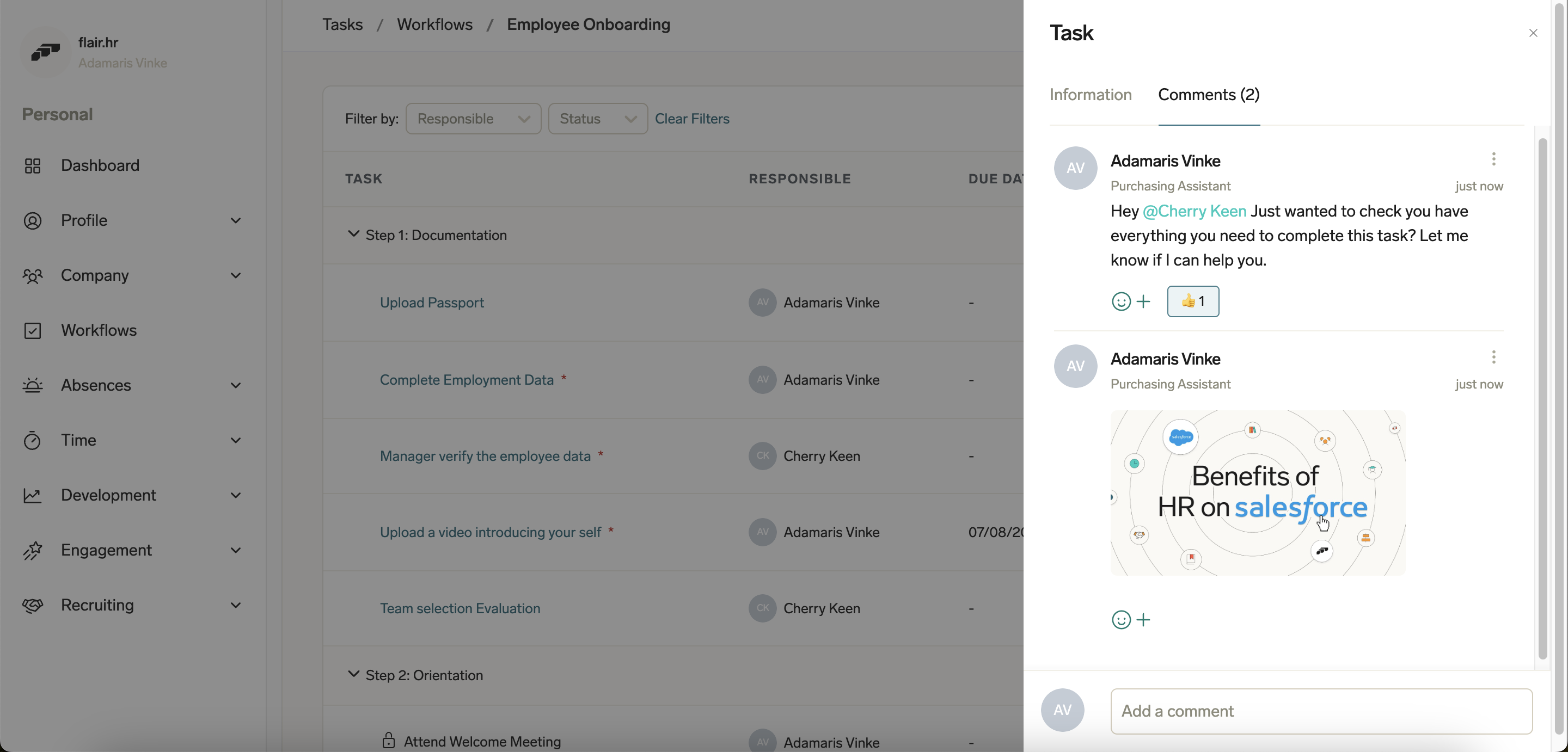 An example of comments on workflows in the Employee Hub