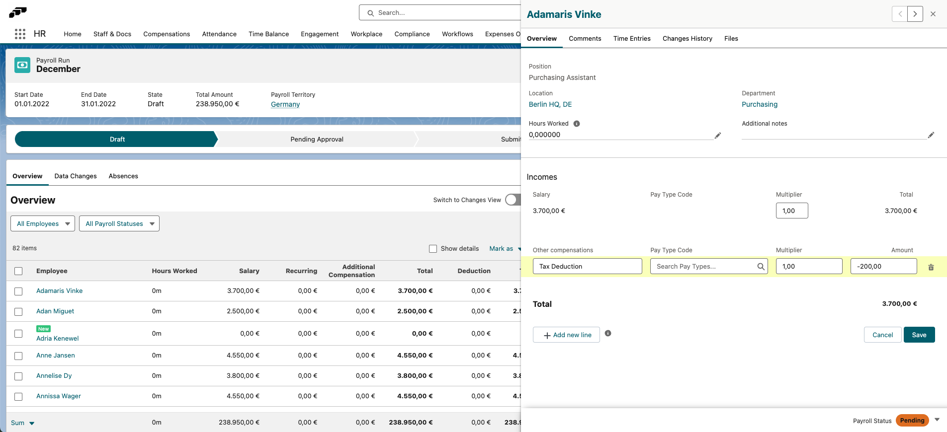 Adding a payroll deduction directly in a payroll run