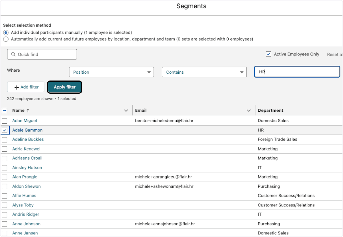 Segment criteria ready for Apply filter