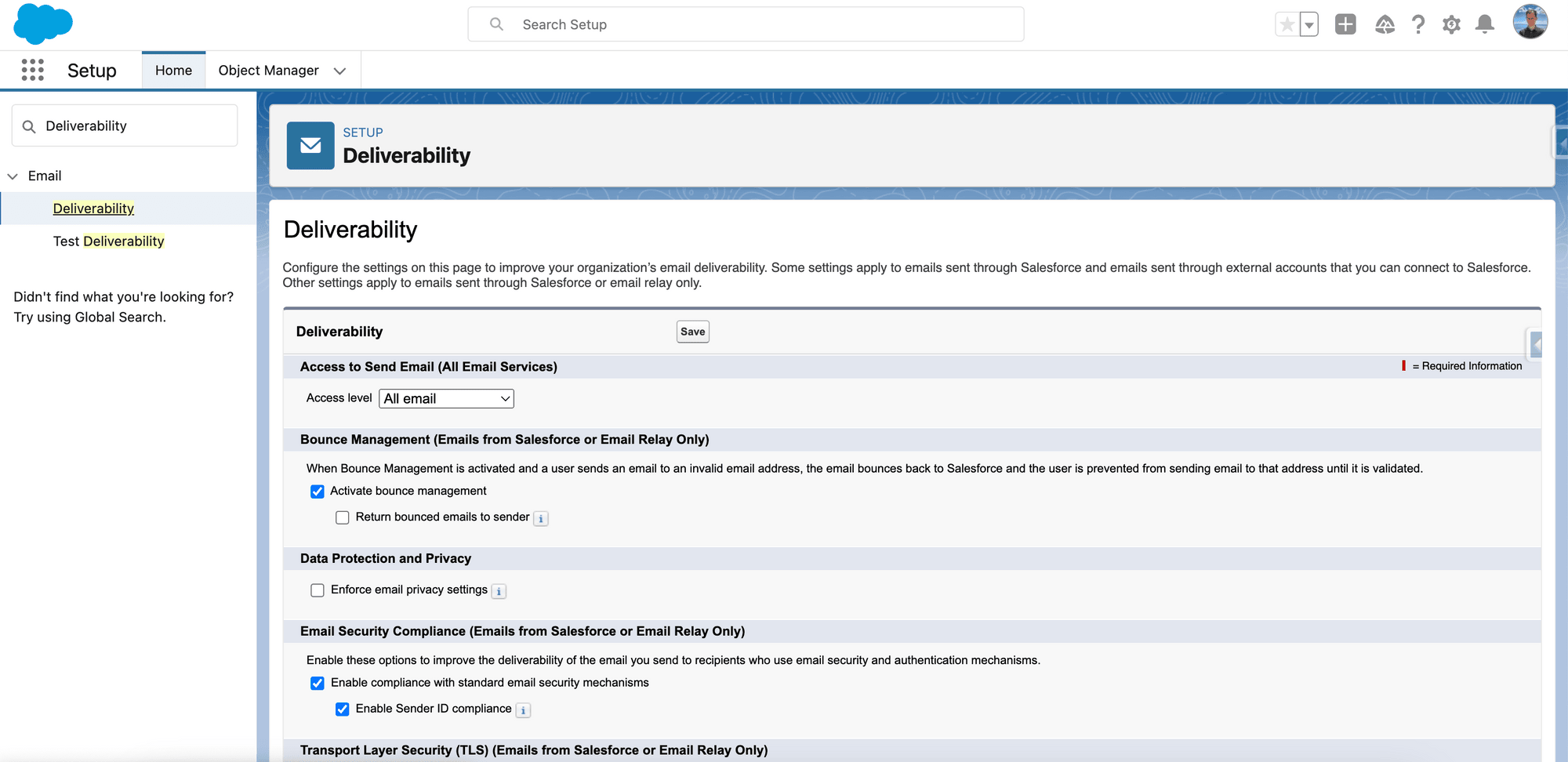 All email access level saved in Salesforce Deliverability settings
