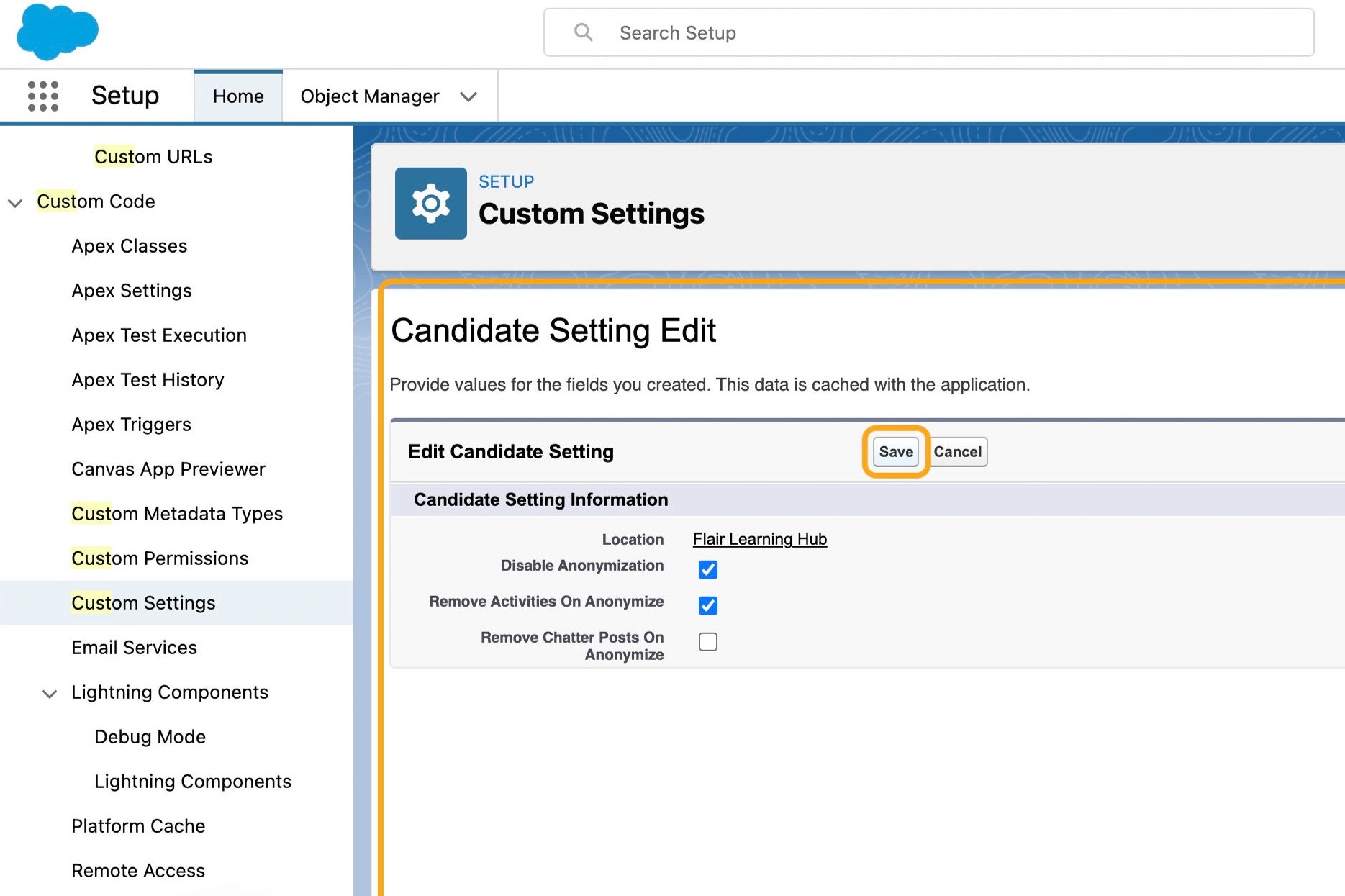 Save action for Candidate Setting