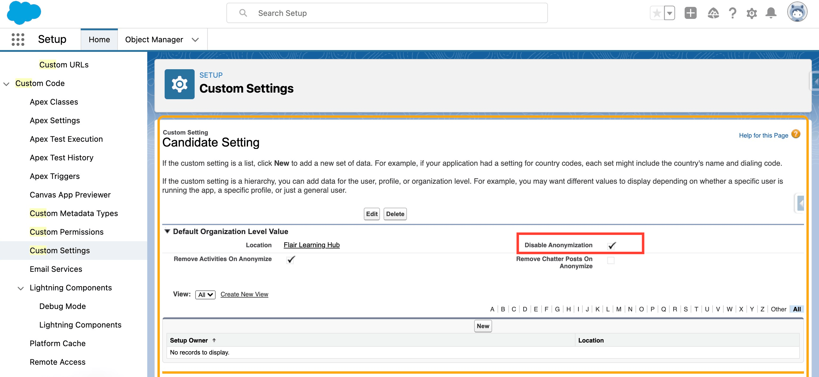 Candidate anonymization shown as disabled