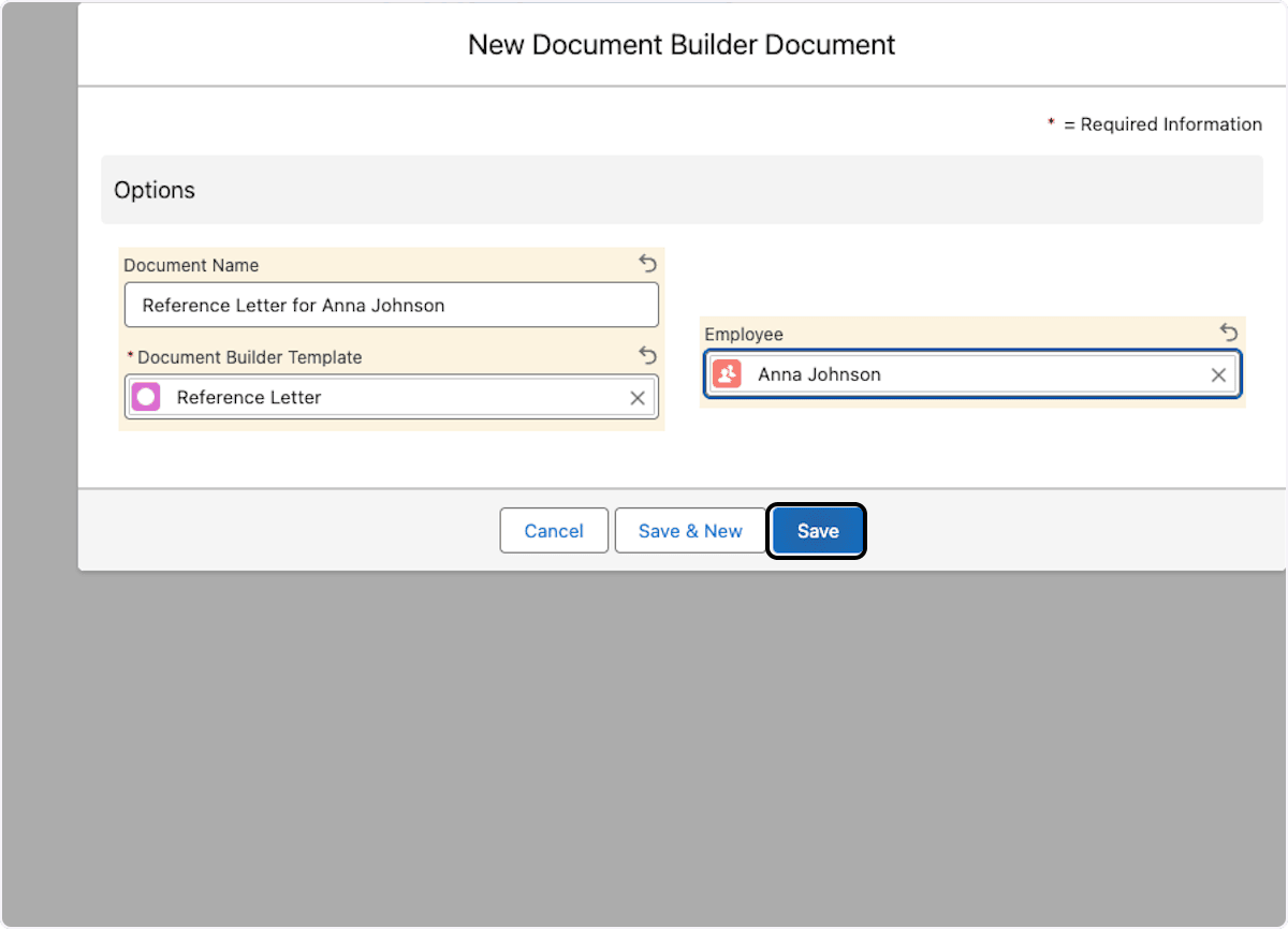Template and employee selected for a Document Builder Document