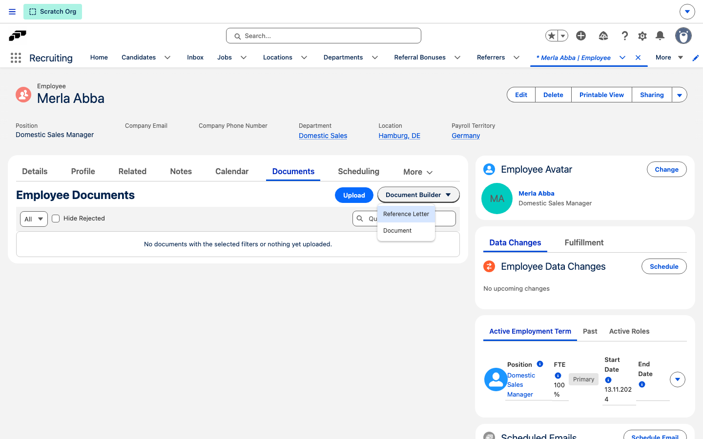 Documents tab on an employee record showing the Document Builder button