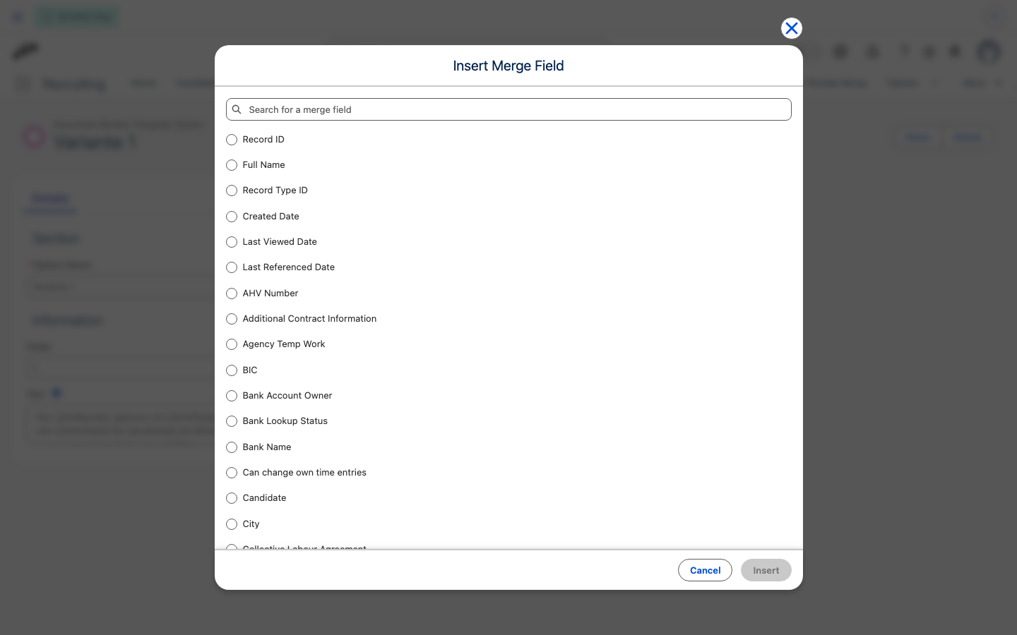 Document Builder template option showing the Rich Text field and its merge field control