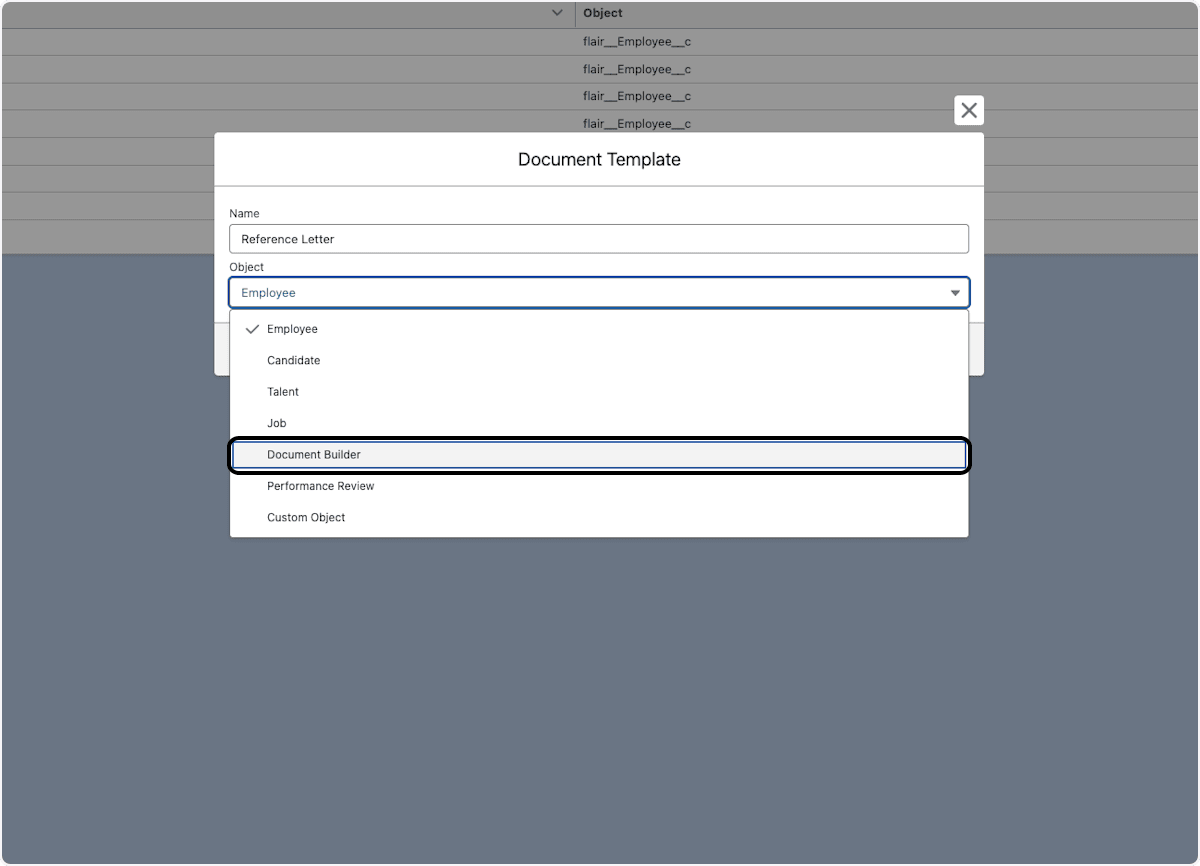 Document Builder selected as the template object