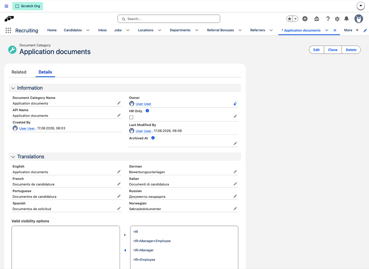 A document category record showing Document Category Name, API Name, HR Only, Archived At, the Translations section and the Valid visibility options picker