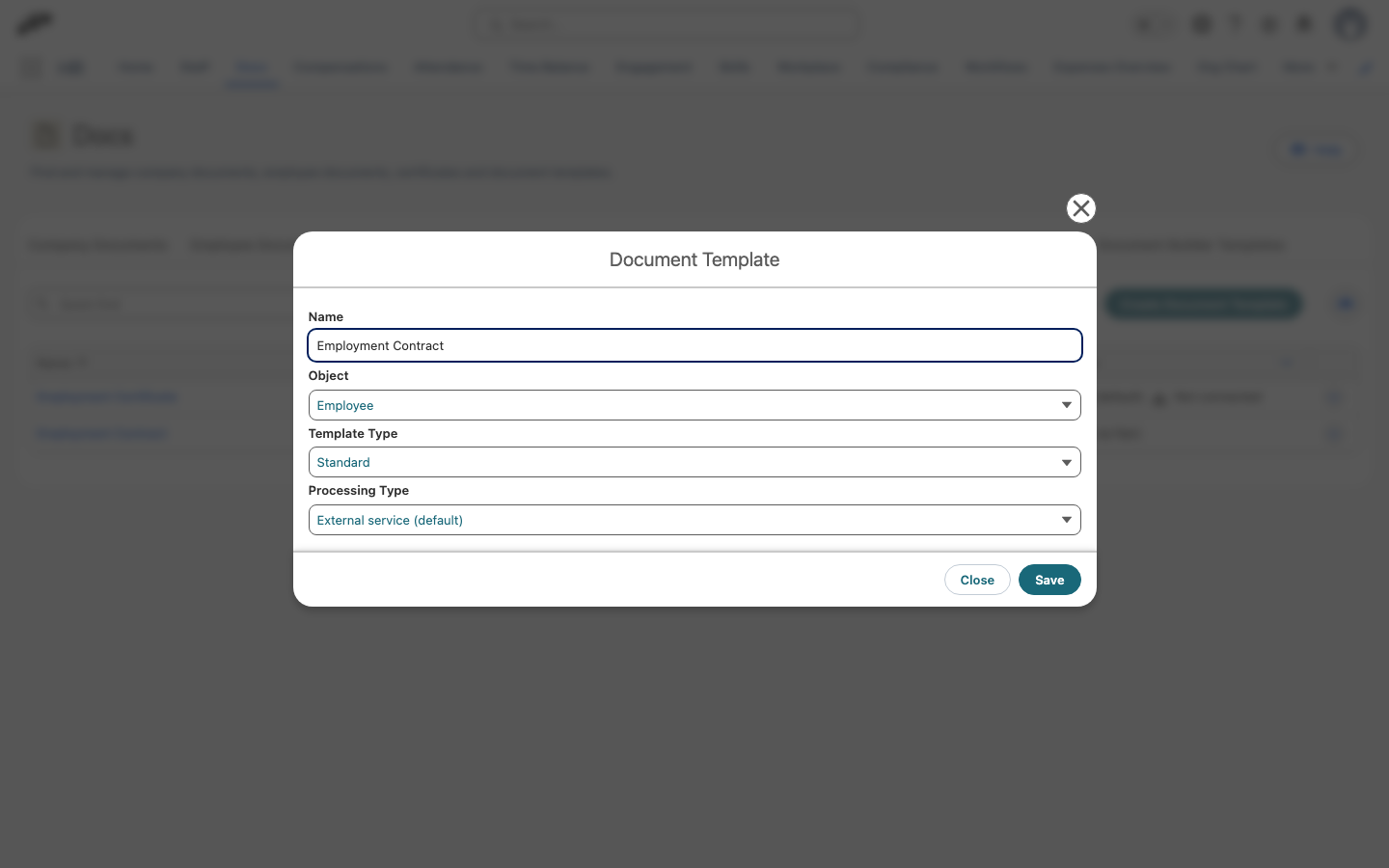 The Document Template window with the Name, Object, and Processing Type fields