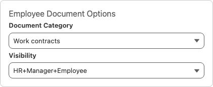 Employee Document Options on a Document Template, with the Document Category and Visibility fields