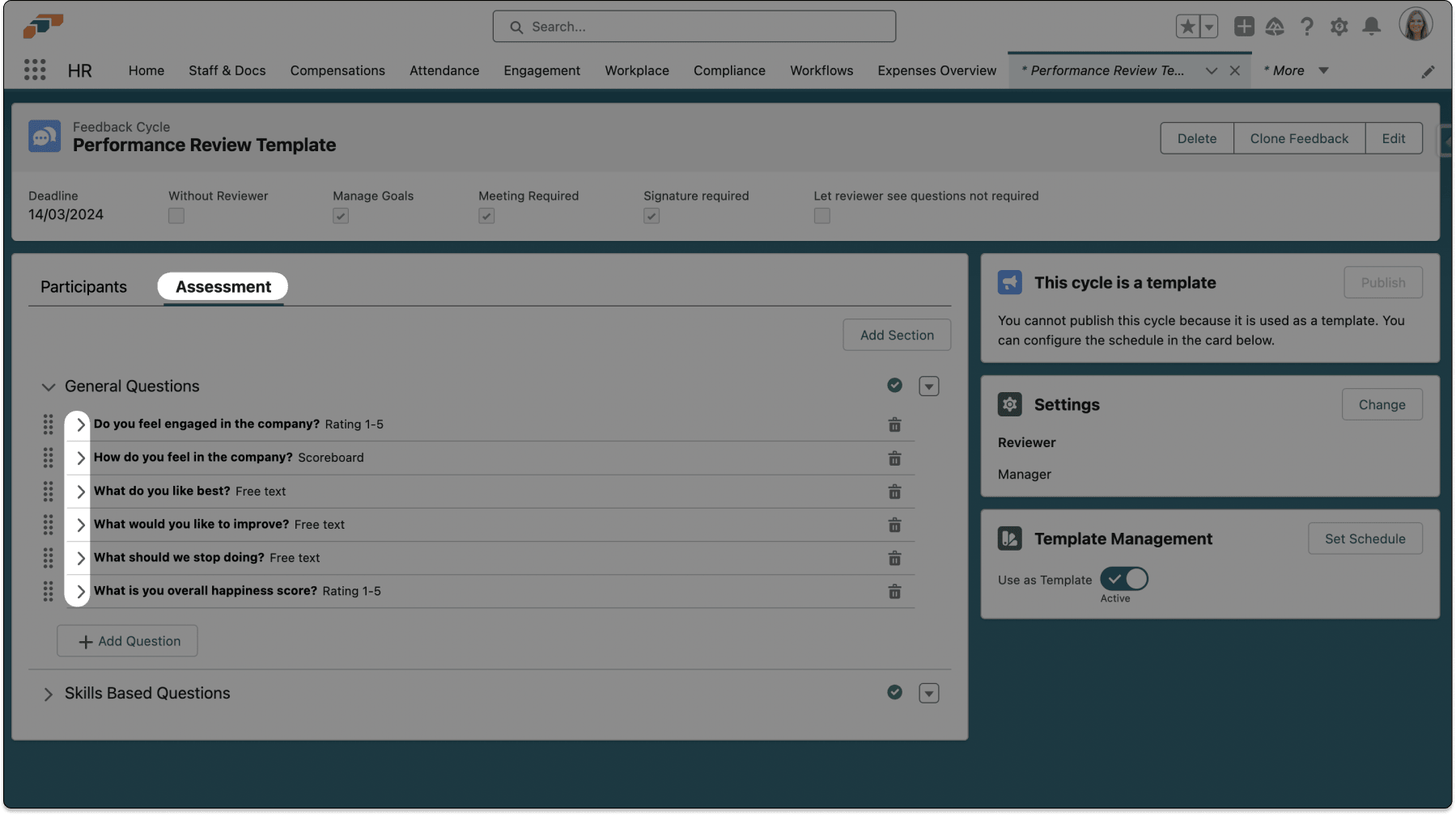Question action menu in a Performance Review