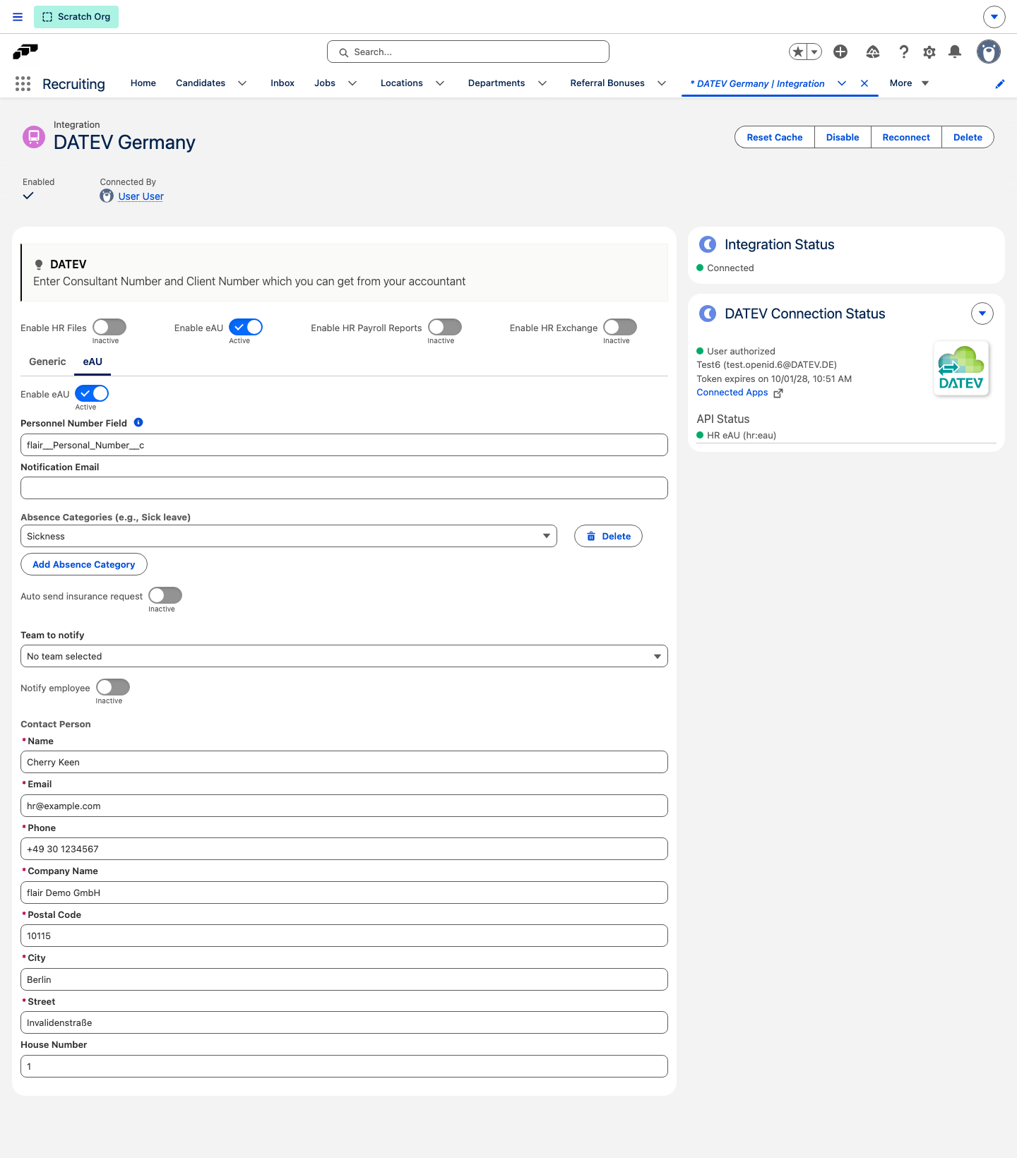 The eAU tab on the DATEV payroll integration with Enable eAU turned on and the notification, absence category, and Contact Person settings below it