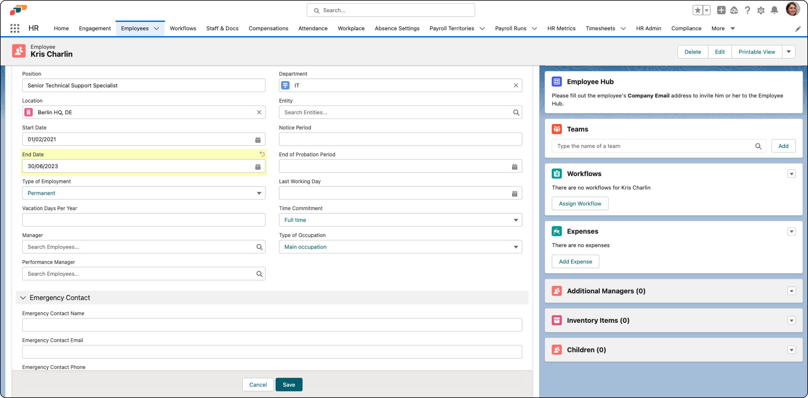 Add end date to employee record