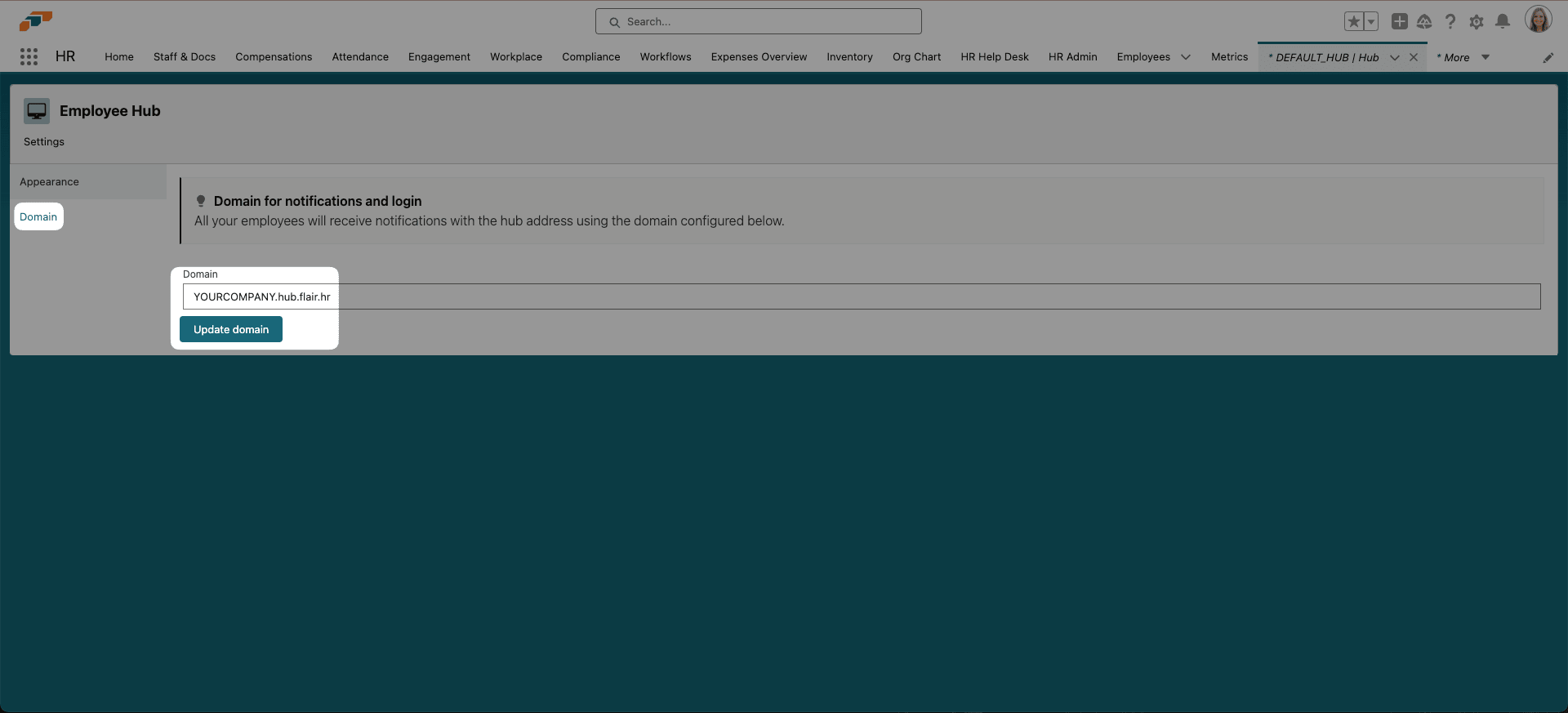 Employee Hub domain and Update Domain action in HR Admin