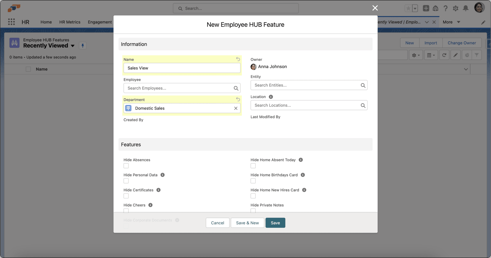 Employee and organization selectors for a feature set