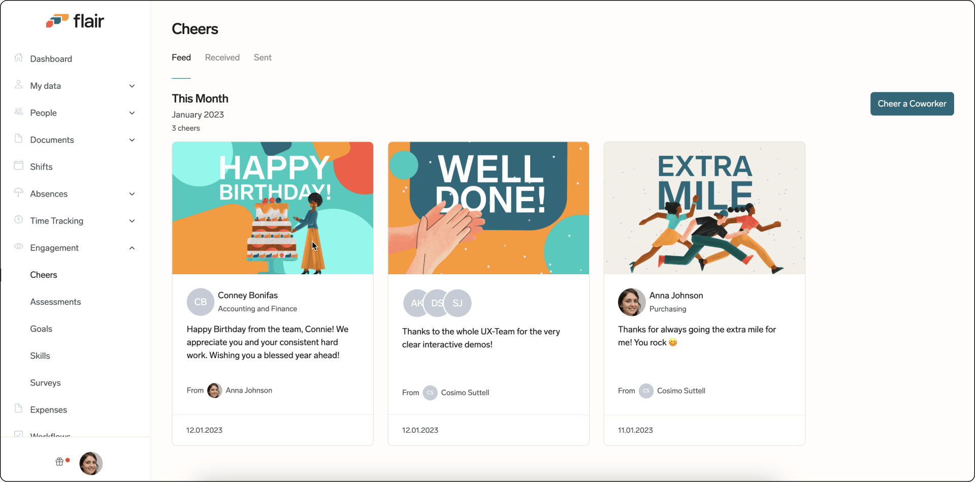 The Cheers feed in Employee Hub Engagement