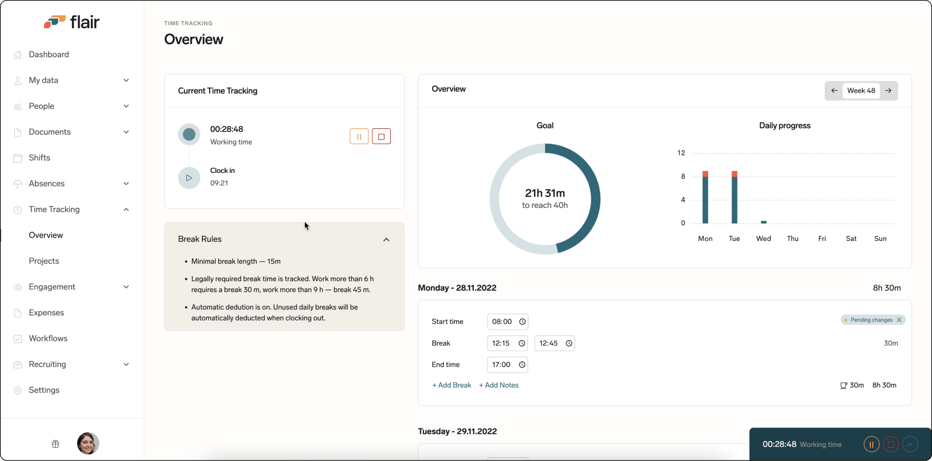 An active time entry in the Employee Hub