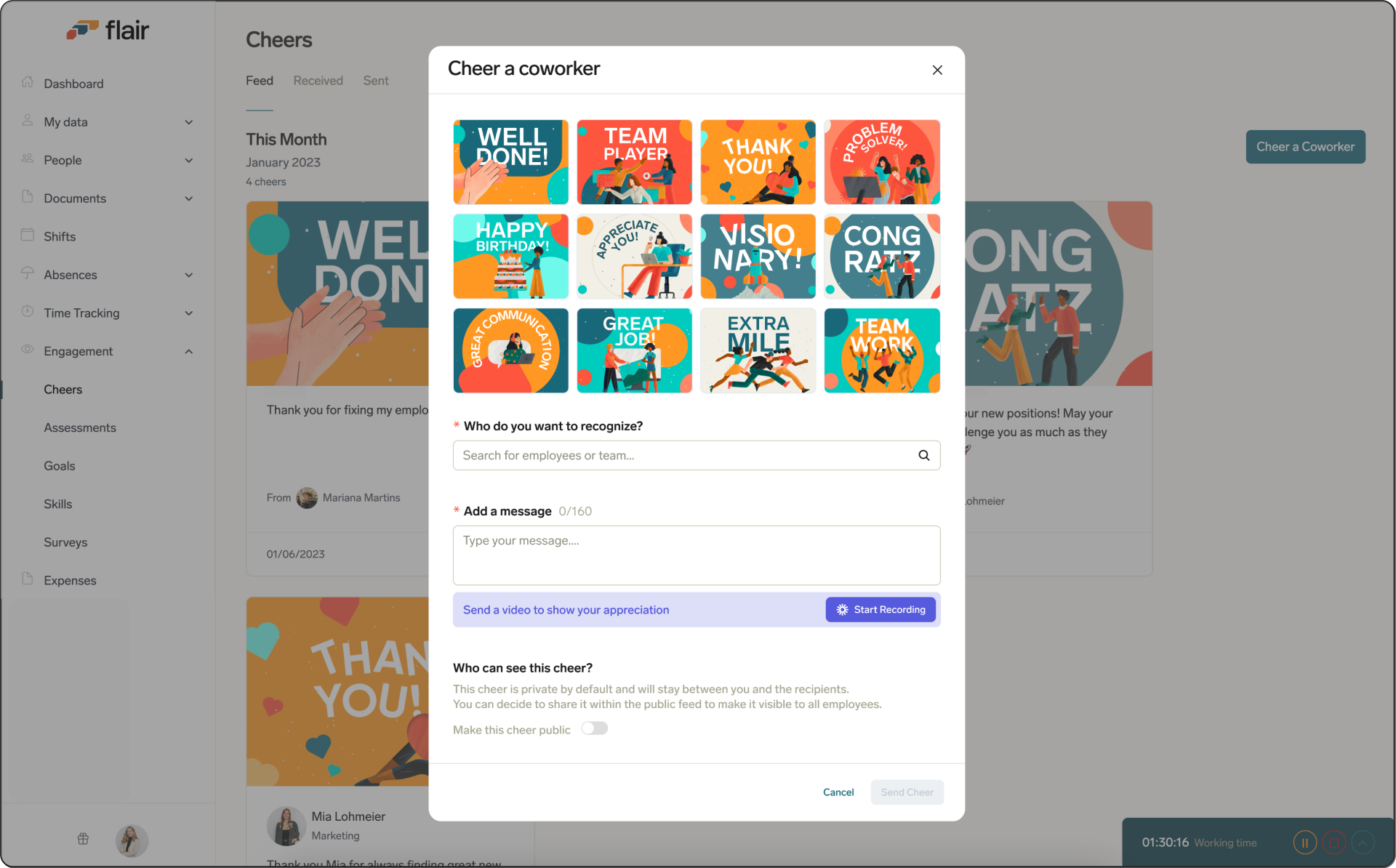 Choose a premade image to send to a colleague or record your own video
