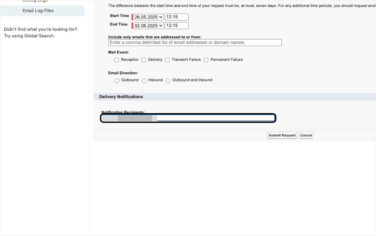 Recipient email address for an email log request