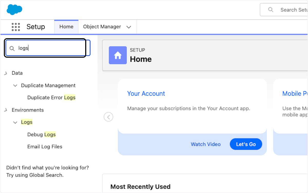 Logs search in Salesforce Setup