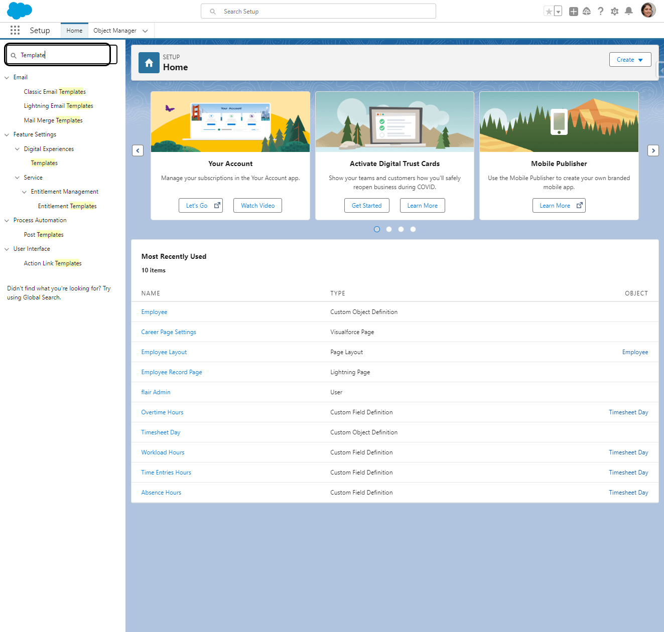 Template search in Salesforce Setup