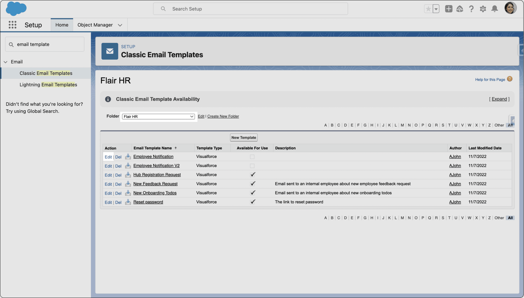 Classic Email Templates with the folder selector