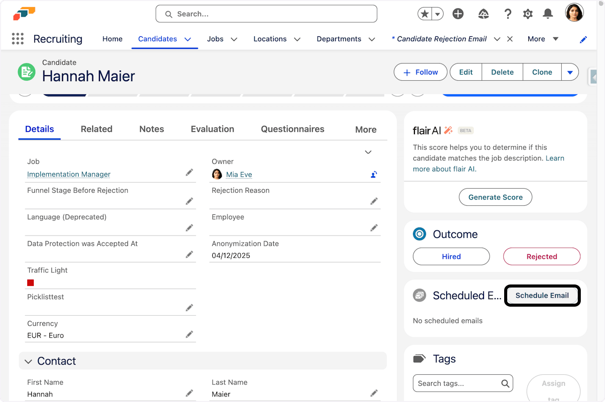 Schedule Email action on a candidate record