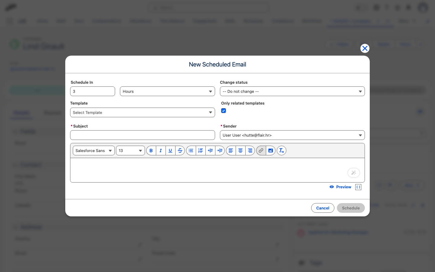 The New Scheduled Email window opened from the Timeline card on a candidate record