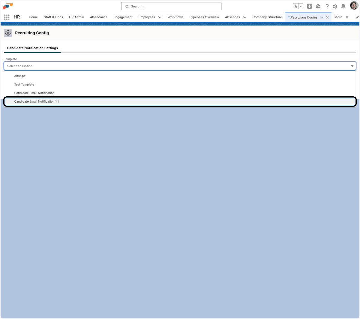 Candidate application email template selected in Recruiting Config