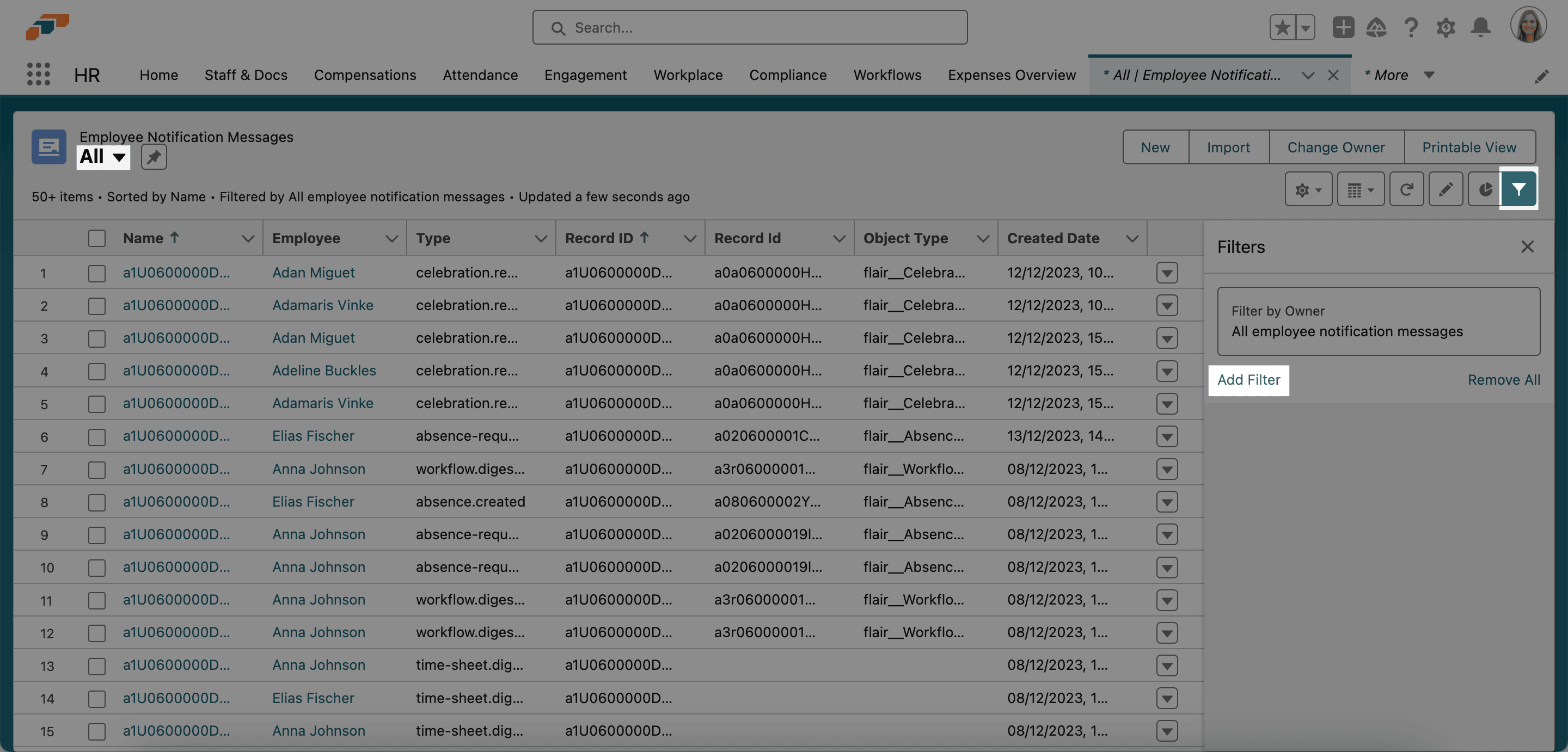 Add Filter action for related employee records