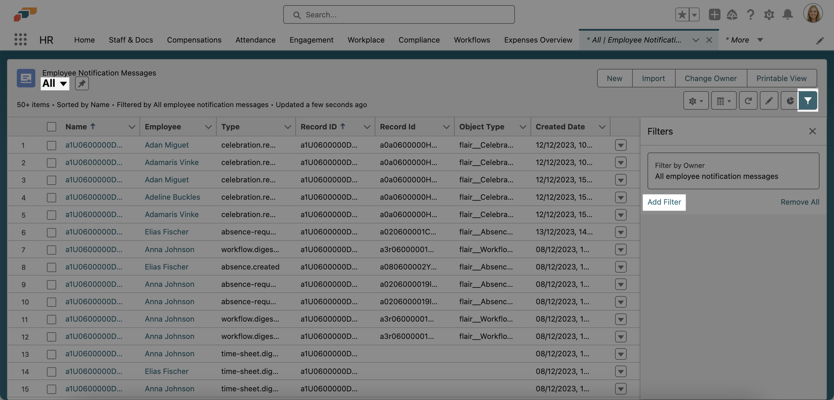 Using filters to find and delete records associated with an employee in Salesforce