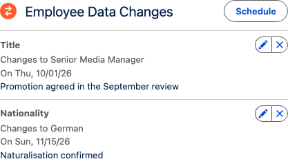 The Employee Data Changes card on an employee record, listing scheduled changes with their effective dates