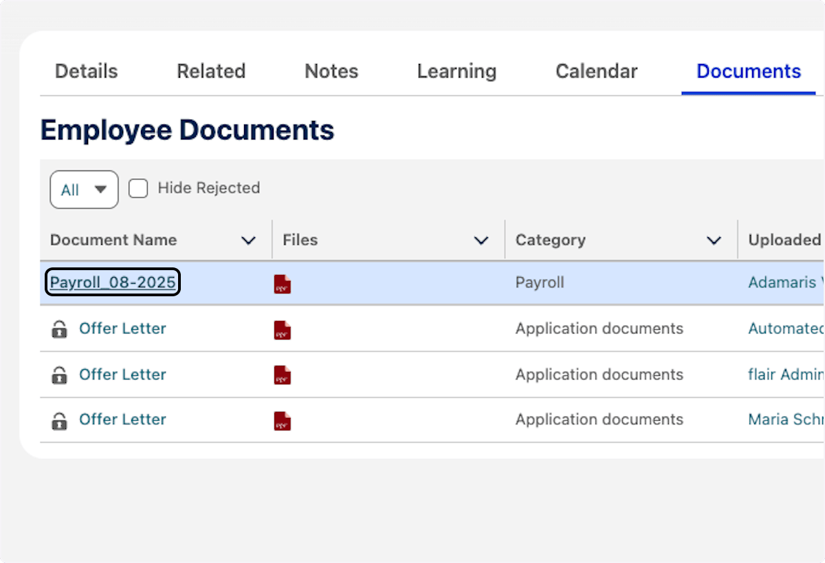 Uploaded file associated with an employee