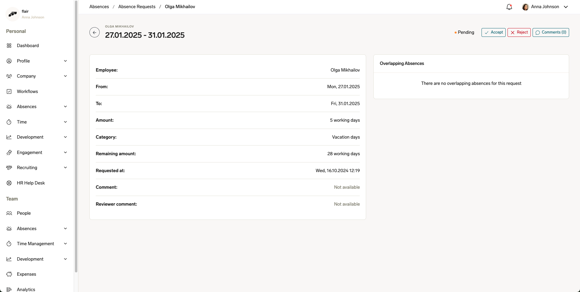 View additional details of an absence request